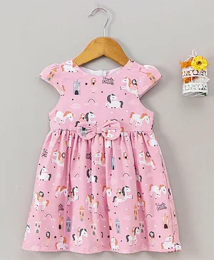 Yellow Duck Half Sleeves Frock Unicorn Print - Pink