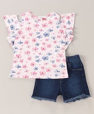 Babyhug Cold Shoulder Top & Distressed Denim Shorts Floral Print - White Dark Blue