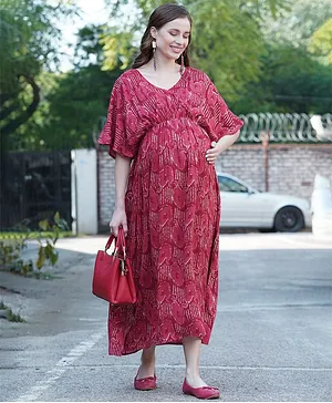 Mine4Nine Half Sleeves Abstract Print Maternity Dress - Red