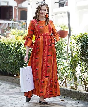 Mine4Nine Three Fourth Sleeves Boho Maternity Dress - Orange