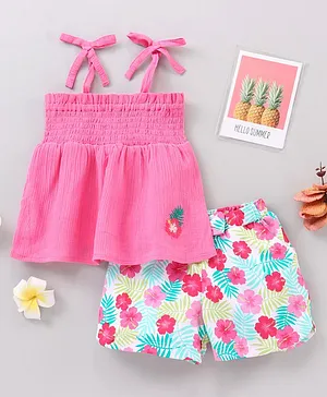 Babyhug Sleeveless Solid Top & Printed Shorts Set- Pink
