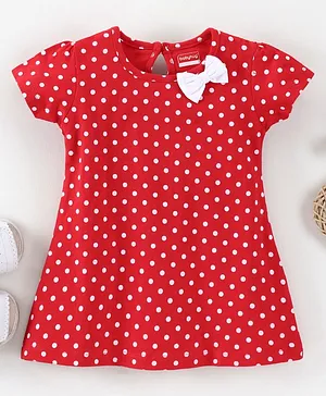 Babyhug 100% Cotton Half Sleeves Frock Polka Print & Bow Applique - Red