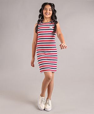 Pine Kids Sleeveless Bio Wash Striped Frock - Red