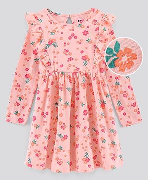 Pine Kids Full Sleeves Bio Washed Frock Floral Print - Peach