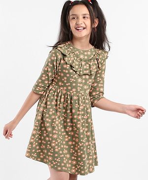 Pine Kids Full Sleeves Bio Washed Frock Floral Print - Green