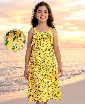 Pine Kids Sleeveless Bio Wash Frock Floral Print- Yellow