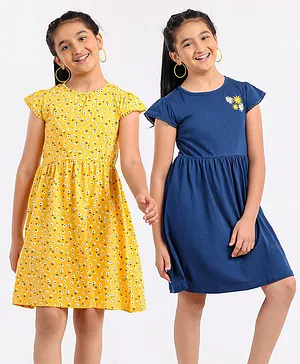 Pine Kids Cap Sleeves Biowashed Frock Floral Print Pack Of 2 - Yellow Blue