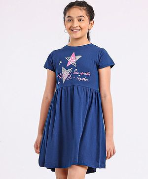 Pine Kids Biowash Short Sleeves Frock Star Print - Navy Blue