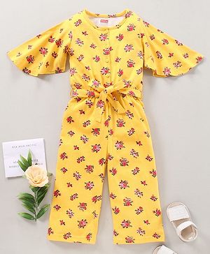 Babyhug 100%Cotton Flared Sleeves Jumpsuit With Fabric Belt  Floral Print - Yellow