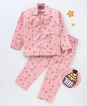 Rikidoos Full Sleeves Cupcake Love Print Night Suit - Peach