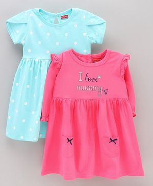 Babyhug 100% Cotton Full Sleeves Frocks Text Print Pack of 2 - Pink Turquoise