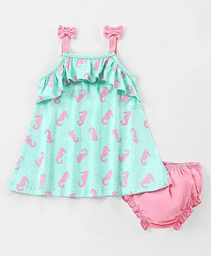 Babyhug 100% Cotton Sleeveless Sea Horse Print Frock with Bloomer - Blue & Pink