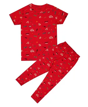 Taatoom Half Sleeves Rock On Print Night Suit - Red