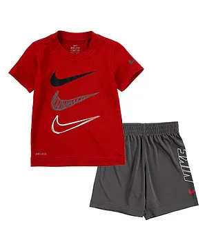 Nike Half Sleeves Logo Print Tee With Shorts - Red & Grey