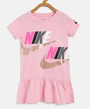 Nike Half Sleeves Logo Print Jersey Peplum T-Shirt Dress - Pink