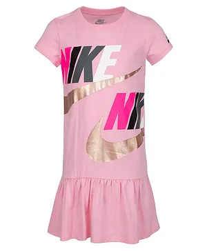 Nike Half Sleeves Logo Print Jersey Peplum T-Shirt Dress - Pink