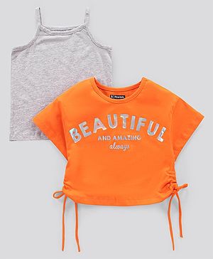 Pine Kids Short Sleeves Knotted Top Beautiful Print - Orange Light Grey
