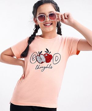 Pine Kids Half Sleeves Biowash & Reversible Sequin Top Good Print - Peach