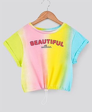 Pine Kids Cap Sleeves Bio Wash Knotted Top Text Print - Multicolor