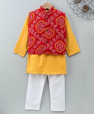 Nitara Couture Full Sleeves Kurta Pyjama Set Bandhni Print - Red Yellow