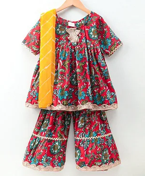 Nitara Couture Half Sleeves Kurti & Sharara Set Floral Print - Red