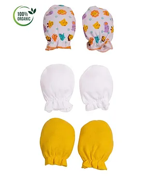 COCOON ORGANICS 100% Organic Cotton Pack Of 3 Lion Print Mittens - White