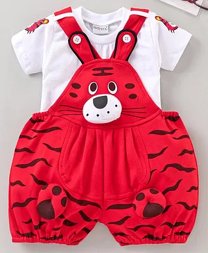 Dapper Dudes Half Sleeves Tiger Print And Applique Dungaree - Red