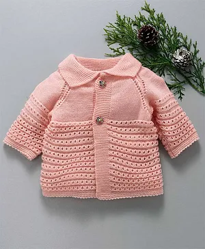 Little Angels Full Sleeves Sweater Cardigan With Cute Textured Pattern  - Peach
