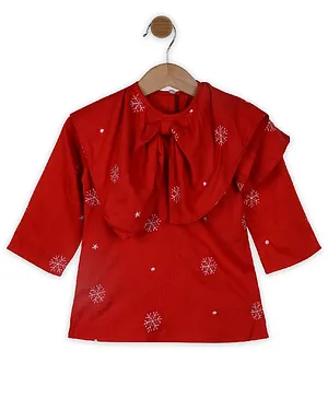 Knitting Doodles Full Sleeves Snowflakes Embroidered Christmas Top - Red