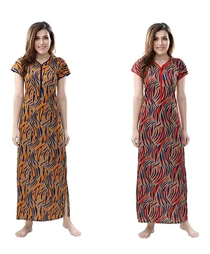 Piu Short Sleeves Zebra Print Pack Of 2 Maternity Feeding Nighty - Orange