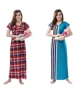 Piu Pack Of 2 Half Sleeves Checked Feeding Nighty -  Blue Red