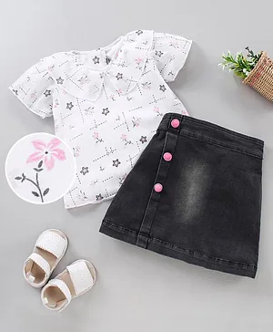 Enfance Core Half Sleeves Flower Printed Top With Denim Skirt - Pink