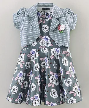 Enfance Flower Printed Flared Dress With Short Sleeves Striped Jacket - Grey