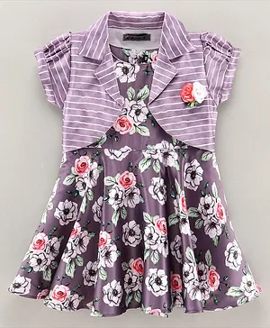 Enfance Flower Printed Flared Dress With Short Sleeves Striped Jacket - Purple