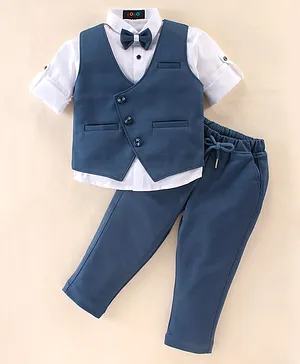 Robo Fry Full Sleeves Party Suit with Bow and Cap Solid Color - Blue