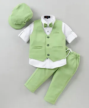 Robo Fry Full Sleeves Solid Party Suit with Bow and Cap - Green