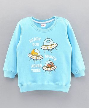 Babyhug Full Sleeves Sweatshirt Spaceship Print - Sky Blue