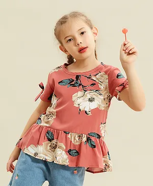 Kookie Kids Half Sleeves T-Shirt Floral Print - Pink
