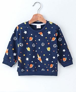 Babyhug Full Sleeves Cotton Sweatshirt Space Print - Navy Blue