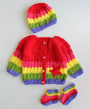 Woonie Full Sleeves Starfish Patch Handmade Sweater With Cap & Booties - Multi