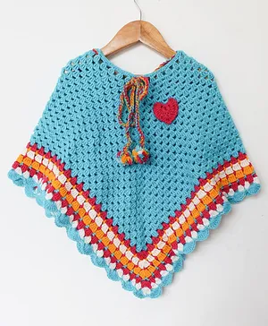 Woonie Full Sleeves Heart Pattern Handmade Poncho - Blue