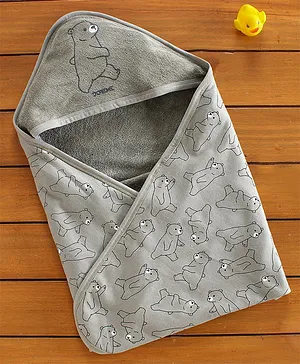 Doreme Hooded Wrapper With Bear Print - Grey