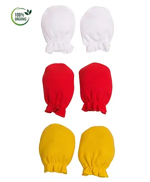 COCOON ORGANICS 100% Organic Cotton Mitten Pack Of 3 - White Red Yellow
