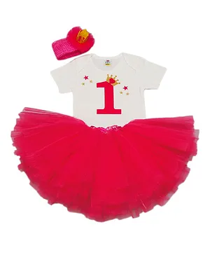 TINY MINY MEE Short Sleeves One Patch Onesie With Skirt & Headband - White Pink