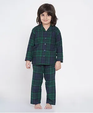 berrytree Warm Christmas Full Sleeves Checked Night Suit - Green