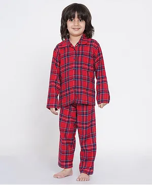berrytree Warm Christmas Full Sleeves Checked Night Suit - Red