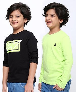 Pine Kids Full Sleeves Biowashed Solid T-Shirts Graphic Print Pack of 2 - Black Green