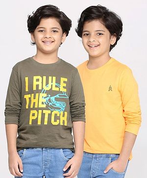 Pine Kids Full Sleeves Biowashed Solid T-Shirts Text Print Pack of 2 - Grey Yellow