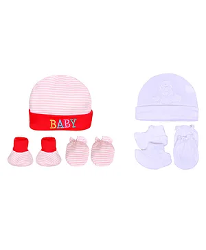 The Little Lookers Cotton Cap Mitten and Booties Set Pack of 2 - Red White