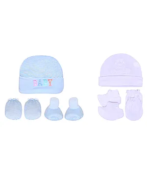 The Little Lookers Cotton Cap Mitten and Booties Set Pack of 2 - Blue White